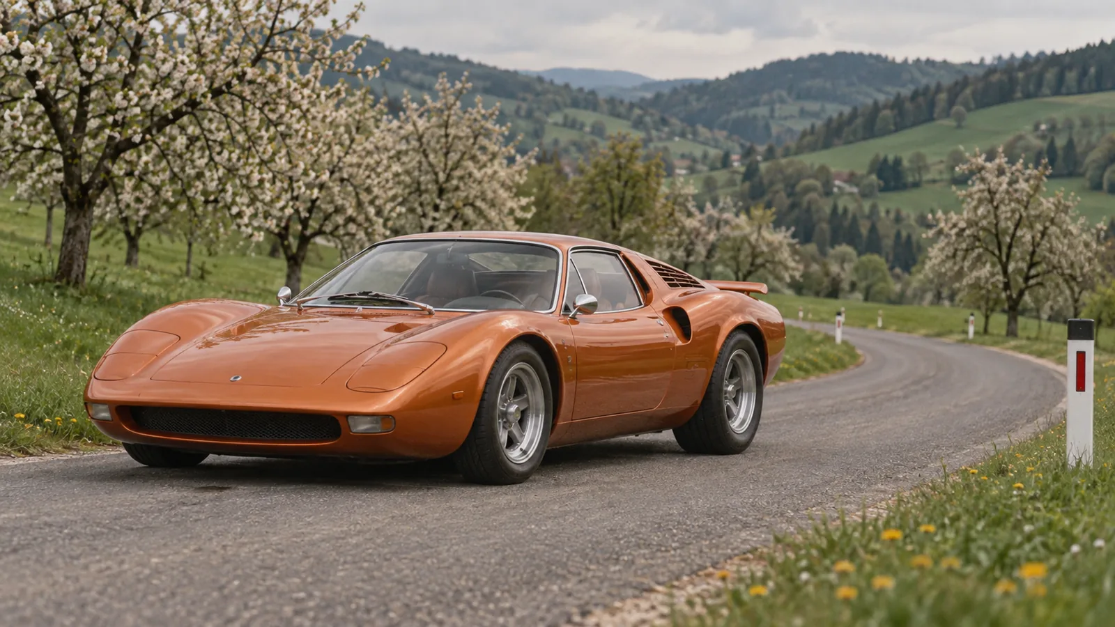 Orangefarbener Mittelmotor-Prototyp im Stil des AMC AMX/3 auf einer Landstraße in der Steiermark mit blühenden Obstbäumen