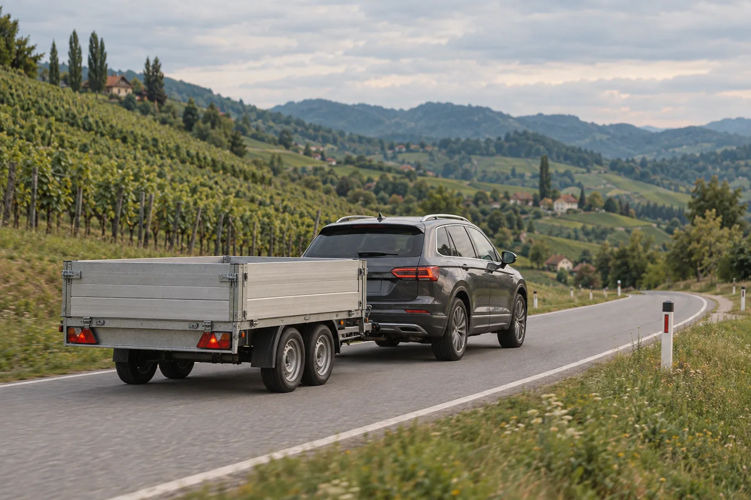 SUV mit Tandem-Anhänger auf einer Landstraße in der Steiermark