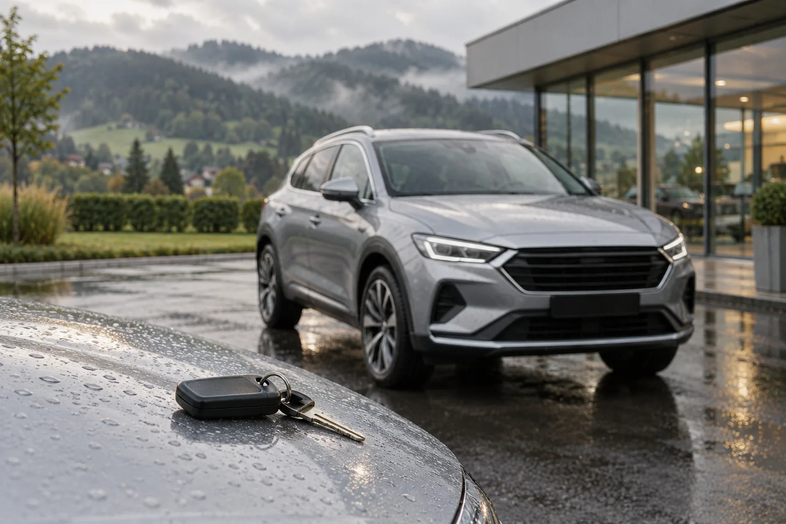 Grauer Kompakt-SUV vor einem Autohaus in der Steiermark, Schlüsselbund auf der Motorhaube