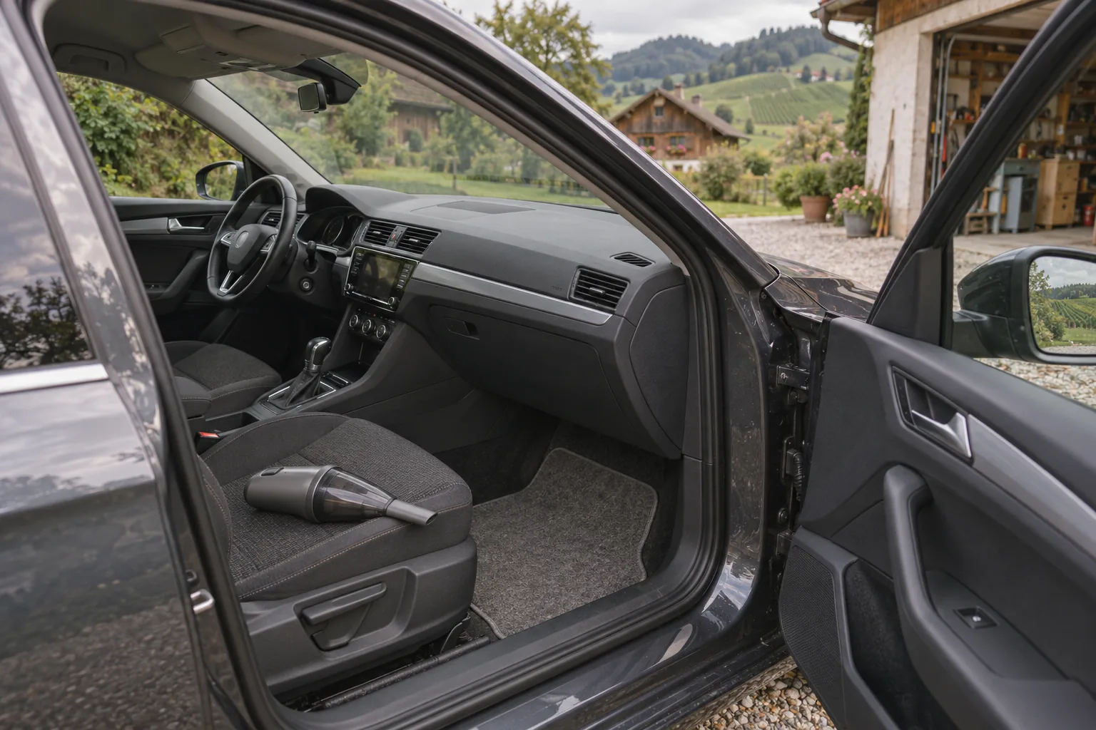 Geöffnete Tür eines Kombis mit Fußmatte und Akku-Handstaubsauger auf dem Sitz vor einer Garage in der Steiermark