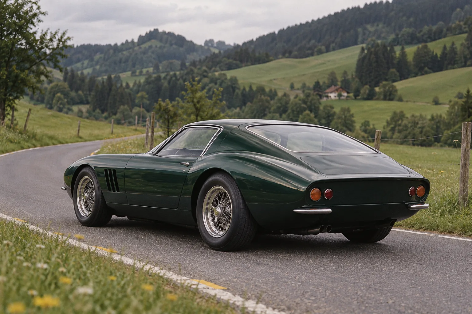 Dunkelgrünes Fastback-Coupé der 1960er mit Drahtspeichenrädern auf einer Landstraße in hügeliger Landschaft, Heckansicht von links