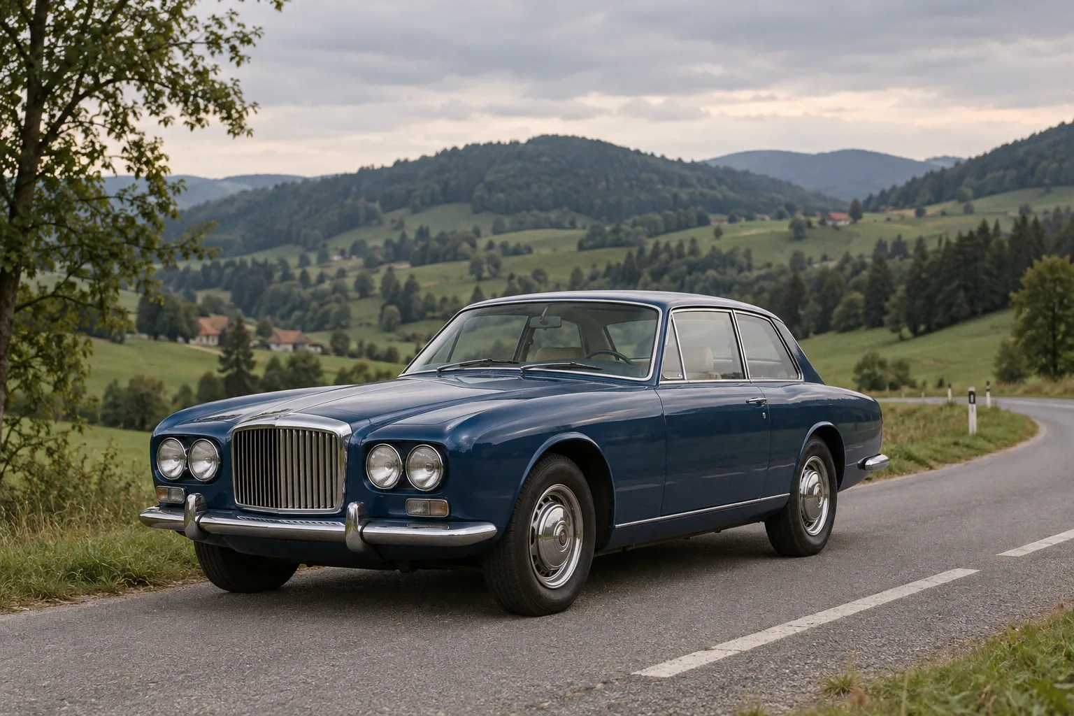 Bristol 411 Series 3 in Königsblau auf einer Landstraße in der hügeligen Steiermark