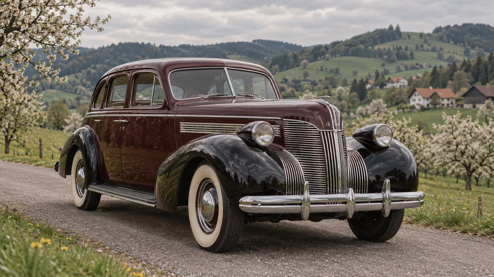 Dunkelrote Buick-Century-Limousine der 1930er-Jahre auf einer Landstraße in der Steiermark