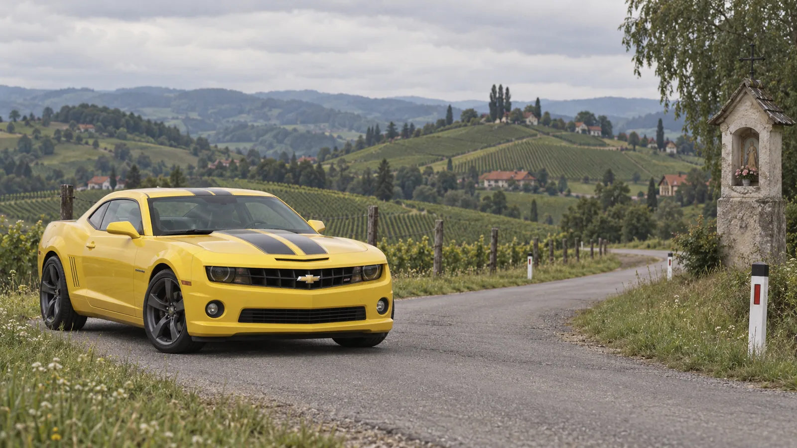 Gelber Chevrolet Camaro SS der fünften Generation mit schwarzen Rallyestreifen auf einer Landstraße zwischen Weinbergen in der Steiermark