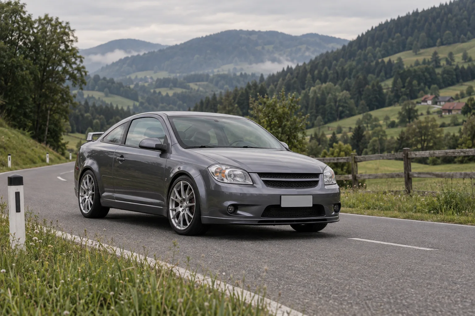 Dunkelsilberner Chevrolet Cobalt SS Turbo als Coupé mit Heckspoiler auf einer Landstraße in der Steiermark