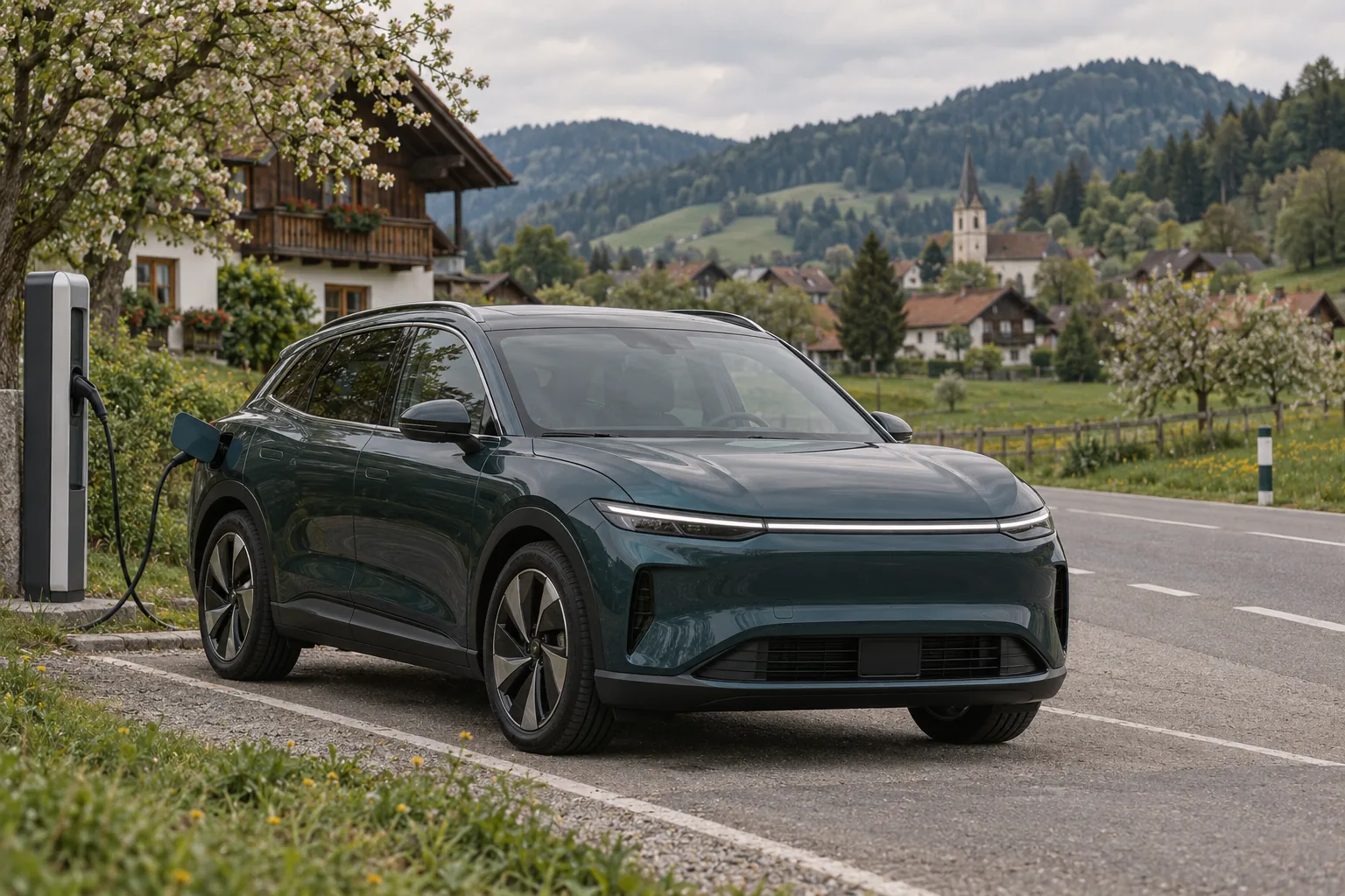 Elektro-SUV ohne Markenemblem an einer Ladesäule vor einem steirischen Dorf