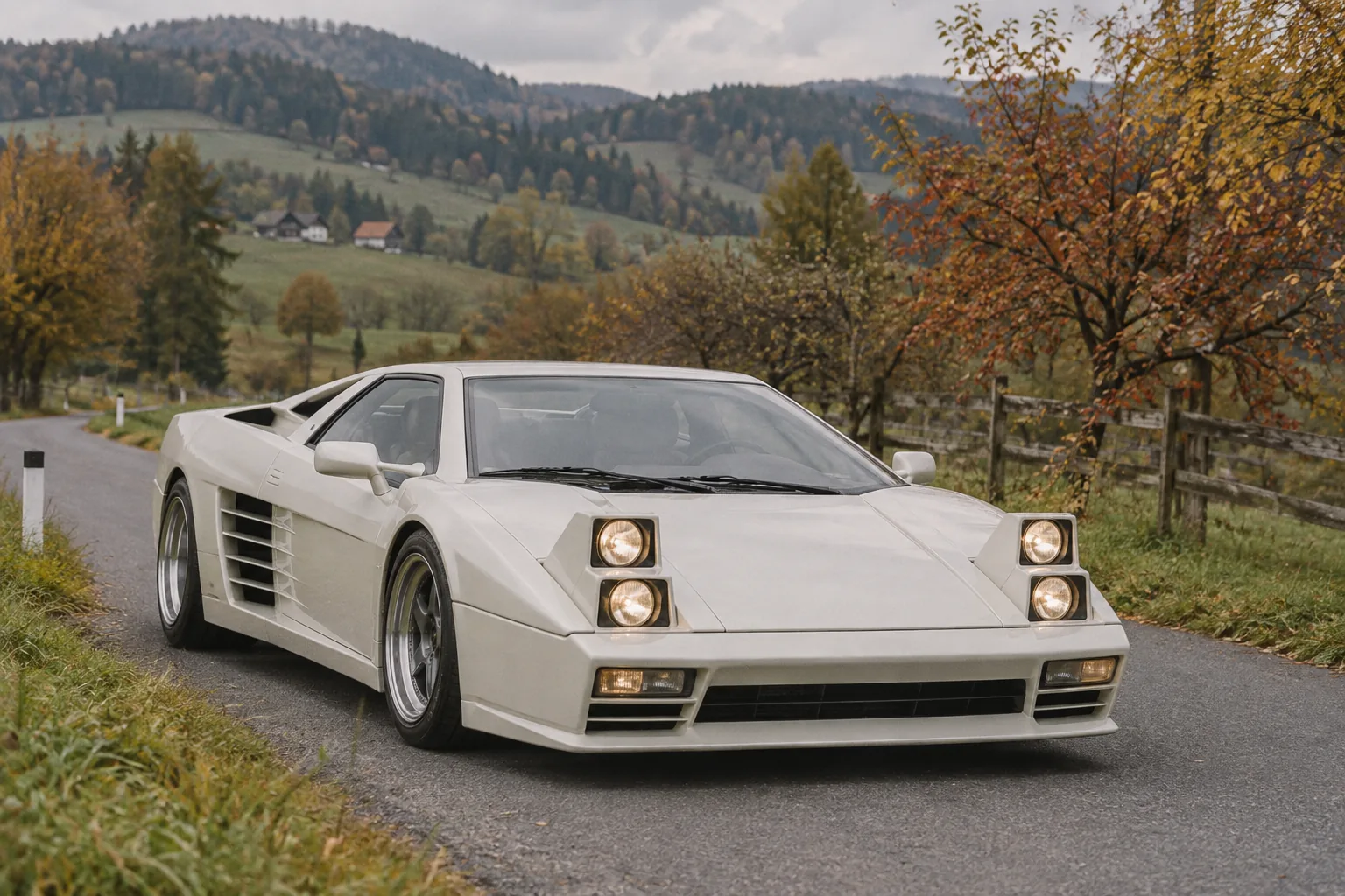 Perlweißer Cizeta-Moroder V16T mit vier Klappscheinwerfern auf einer Landstraße in der Steiermark