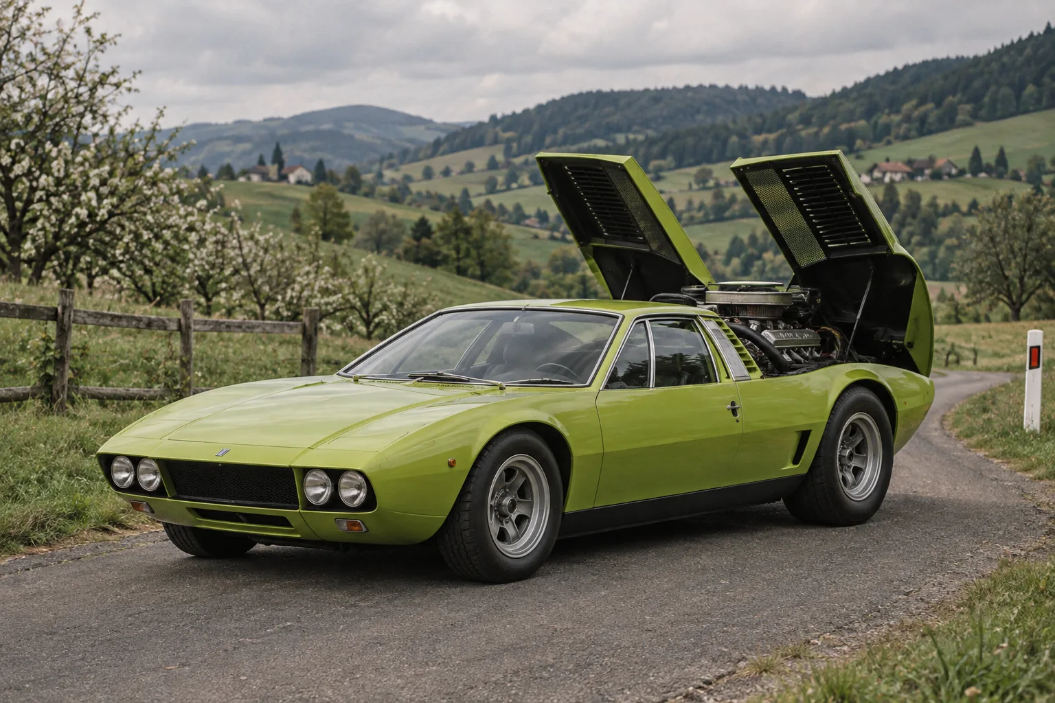 De Tomaso Mangusta in Lindgrün mit hochgeklappten Heckklappen auf einer Landstraße in der Steiermark