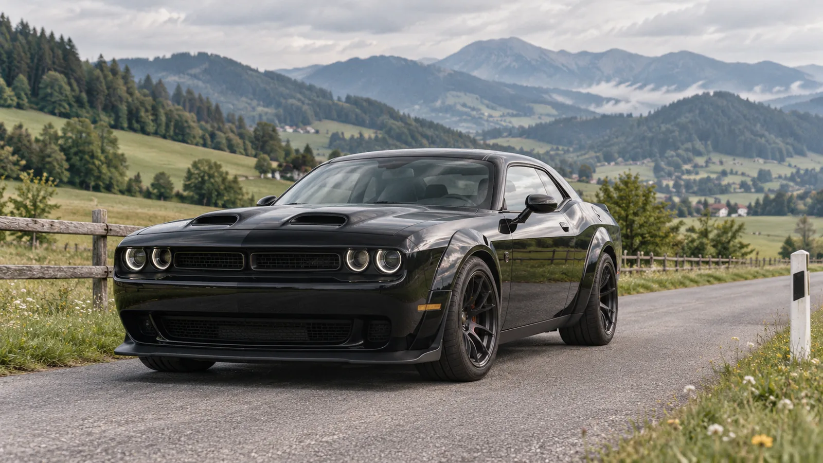 Schwarzer Dodge Challenger SRT Hellcat Redeye Widebody auf einer Landstraße in der Steiermark