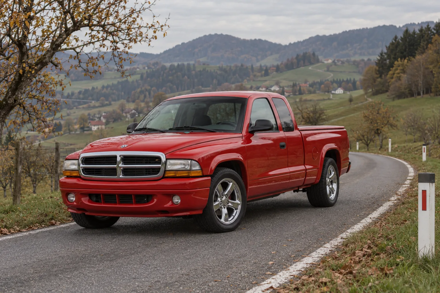 Roter Dodge Dakota R/T Club Cab der zweiten Generation auf einer Landstraße in der Steiermark
