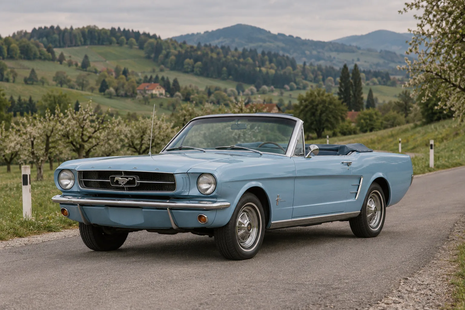 Hellblaues Ford Mustang Cabriolet der ersten Serie auf einer Landstraße in der Steiermark