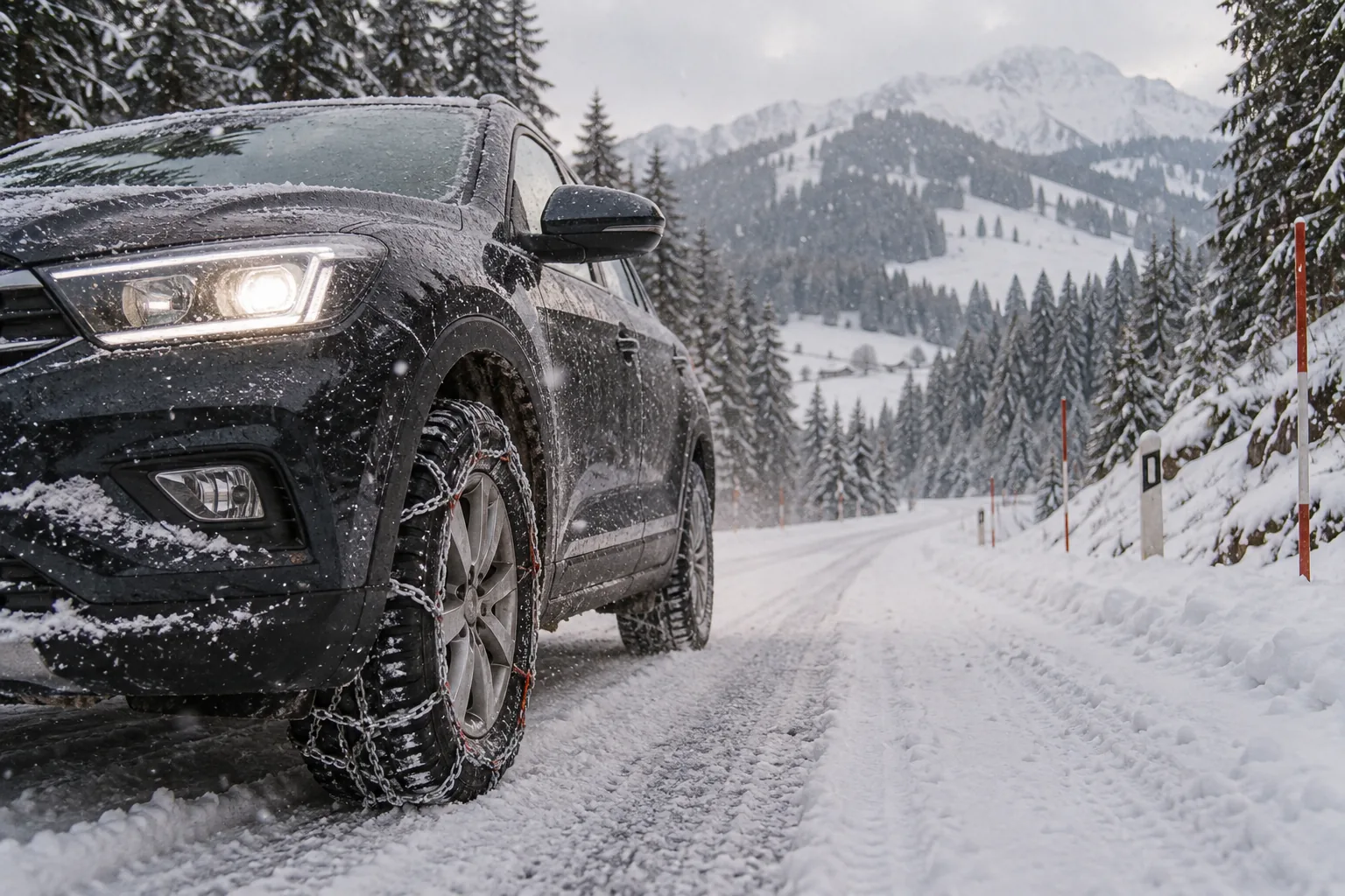 Dunkler SUV mit Schneeketten auf verschneiter Landstraße in den steirischen Bergen