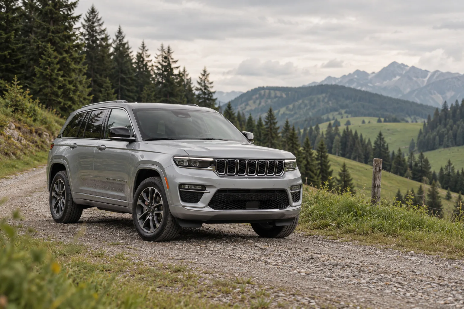 Silberner Jeep Grand Cherokee WL auf einem Schotterweg in hügeliger, bewaldeter Landschaft