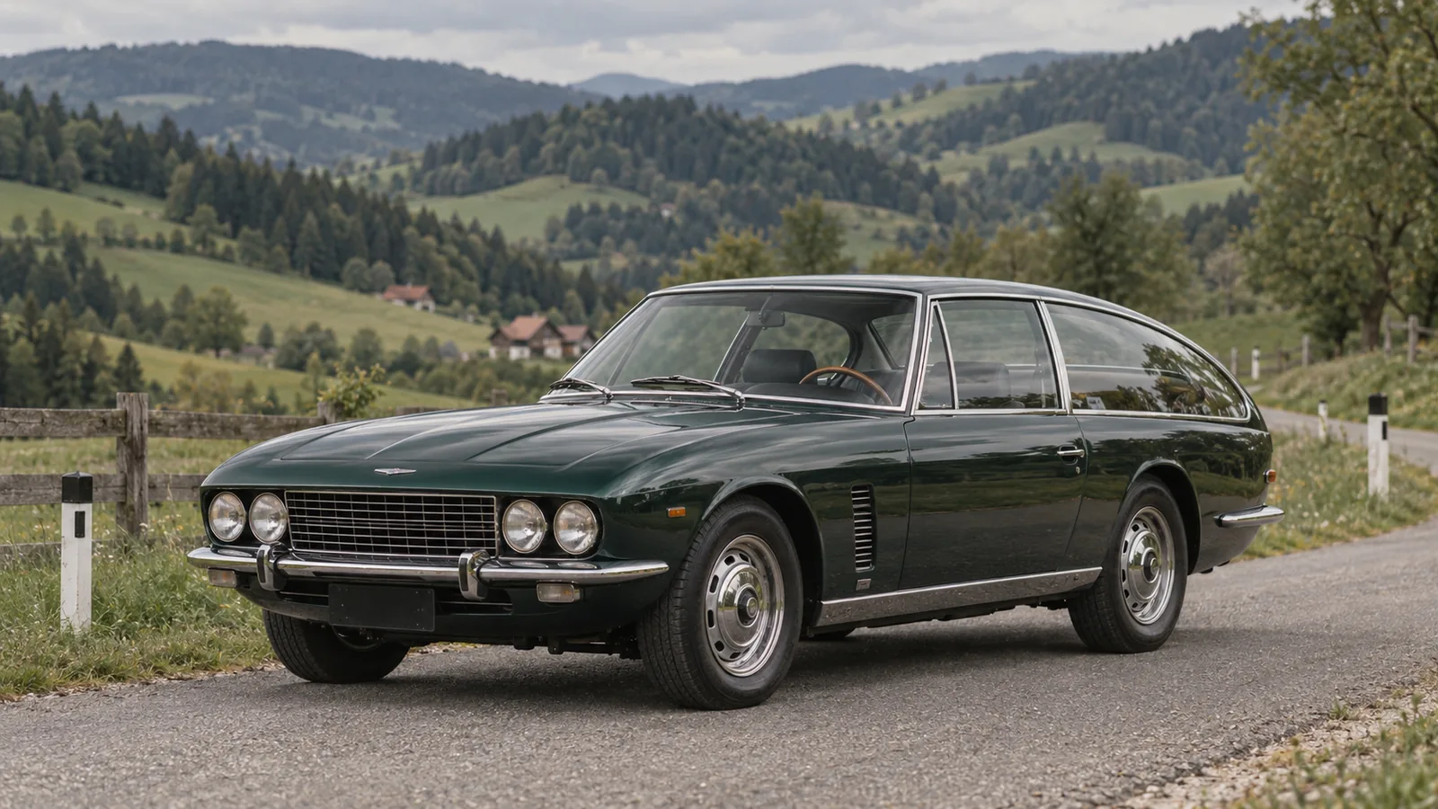 Jensen Interceptor Mk I in dunkelgrün auf einer Landstraße in der Steiermark