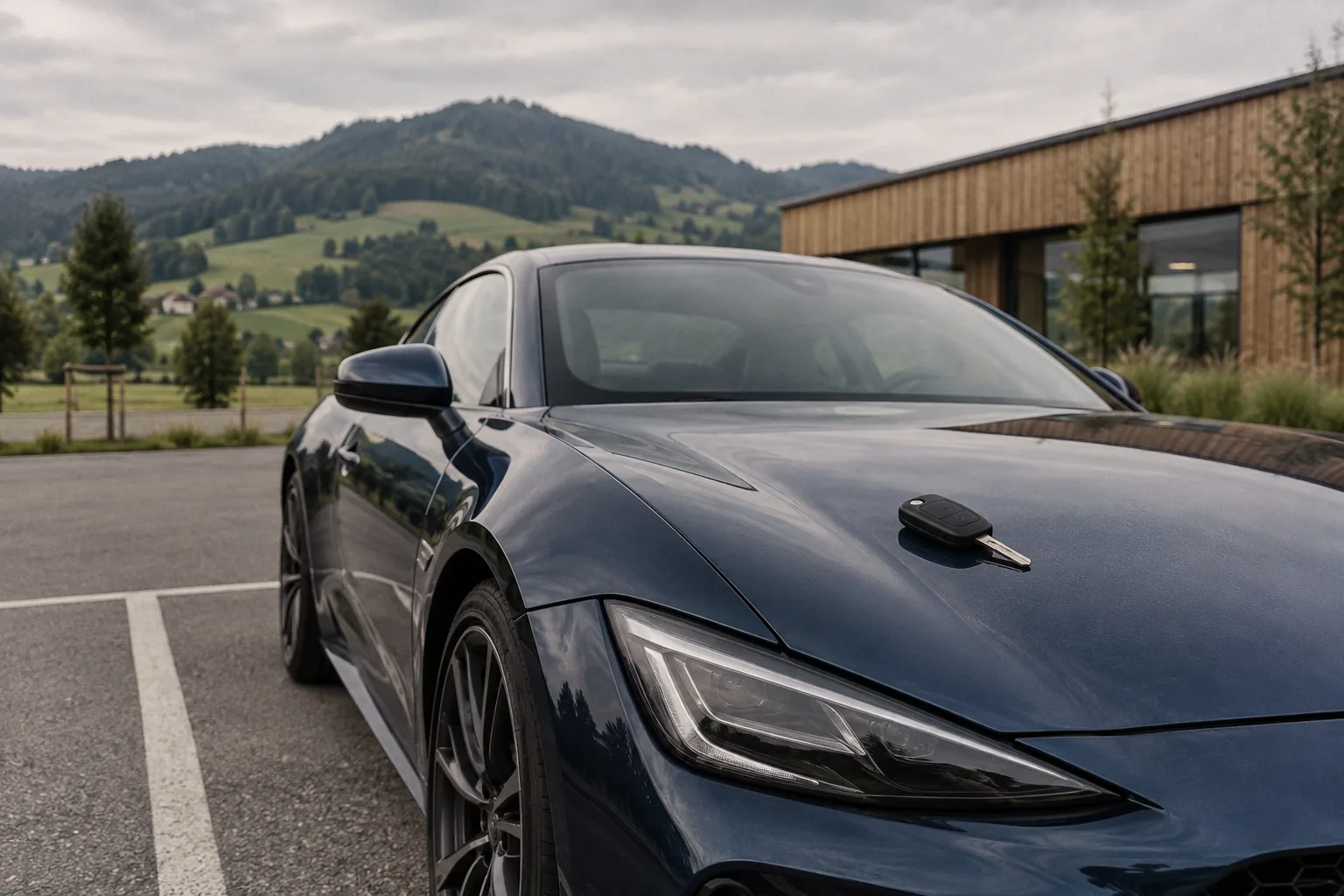 Dunkelblaues Sportcoupé auf einem Abholparkplatz mit Autoschlüssel auf der Motorhaube