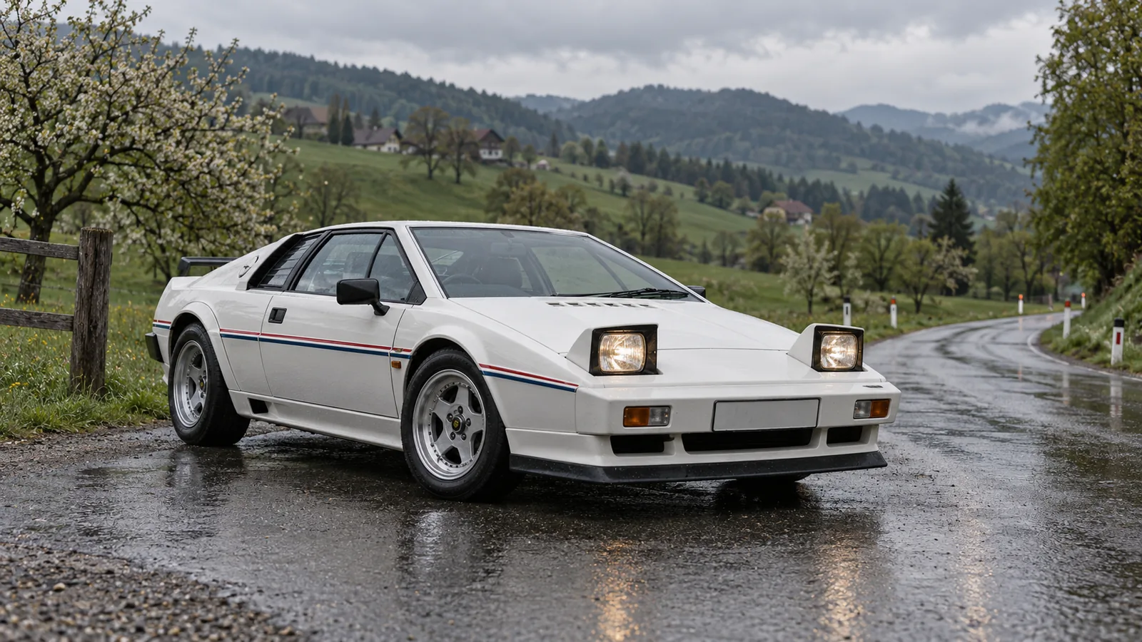Weißer Lotus Esprit Turbo mit rot-blauem Seitenstreifen und ausgeklappten Scheinwerfern auf nasser Landstraße in der Steiermark
