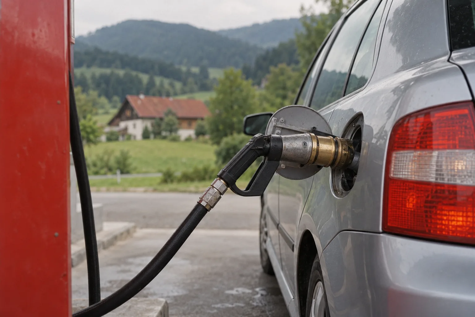 Autogas-Zapfpistole mit Adapter am Tankstutzen eines Pkw an einer Tankstelle in der Steiermark