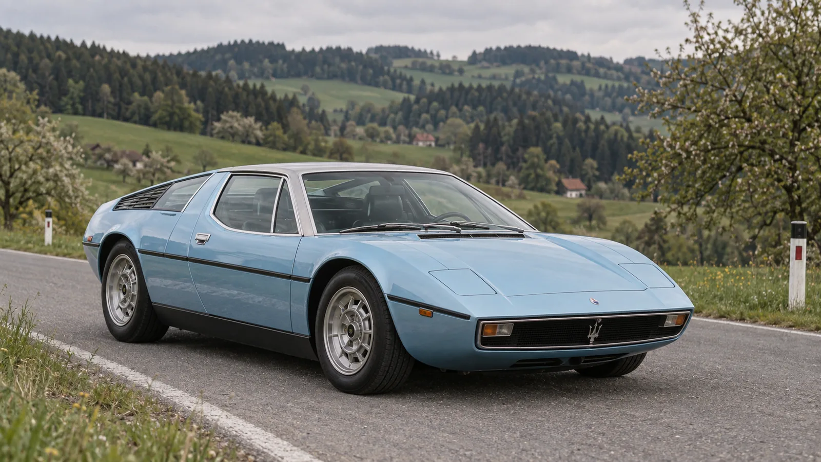 Hellblauer Maserati Bora mit Edelstahldach auf einer Landstraße in der Steiermark