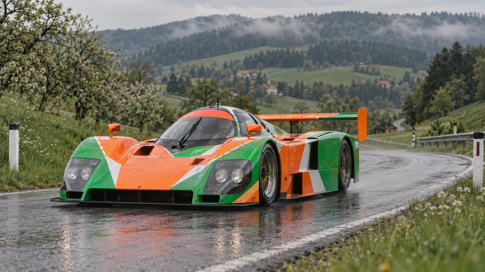 Mazda 787B in orange-grüner Lackierung auf einer nassen Landstraße in der Steiermark