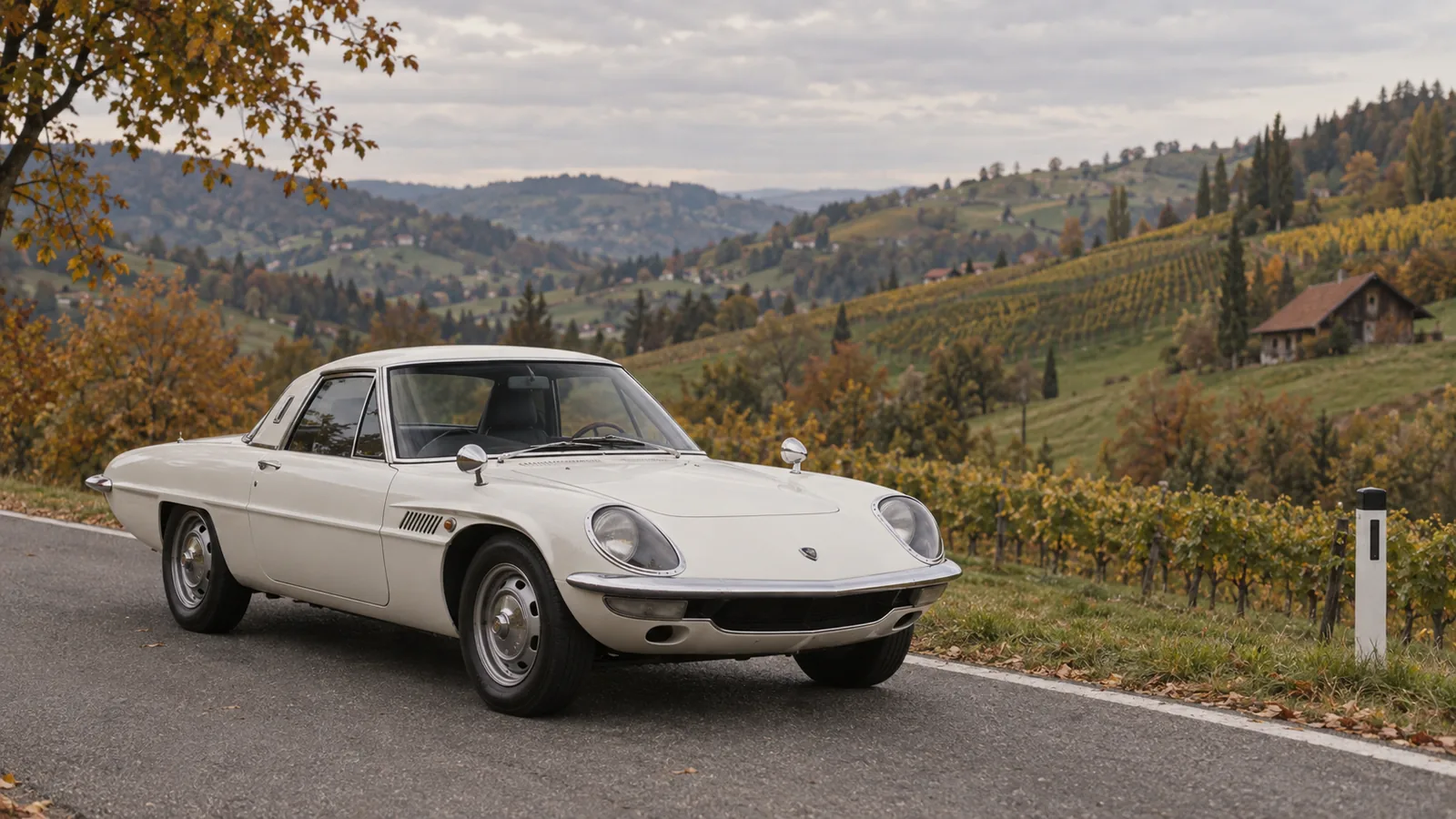 Weißer Mazda Cosmo Sport 110S auf einer Landstraße in der Steiermark, im Hintergrund Weinberge