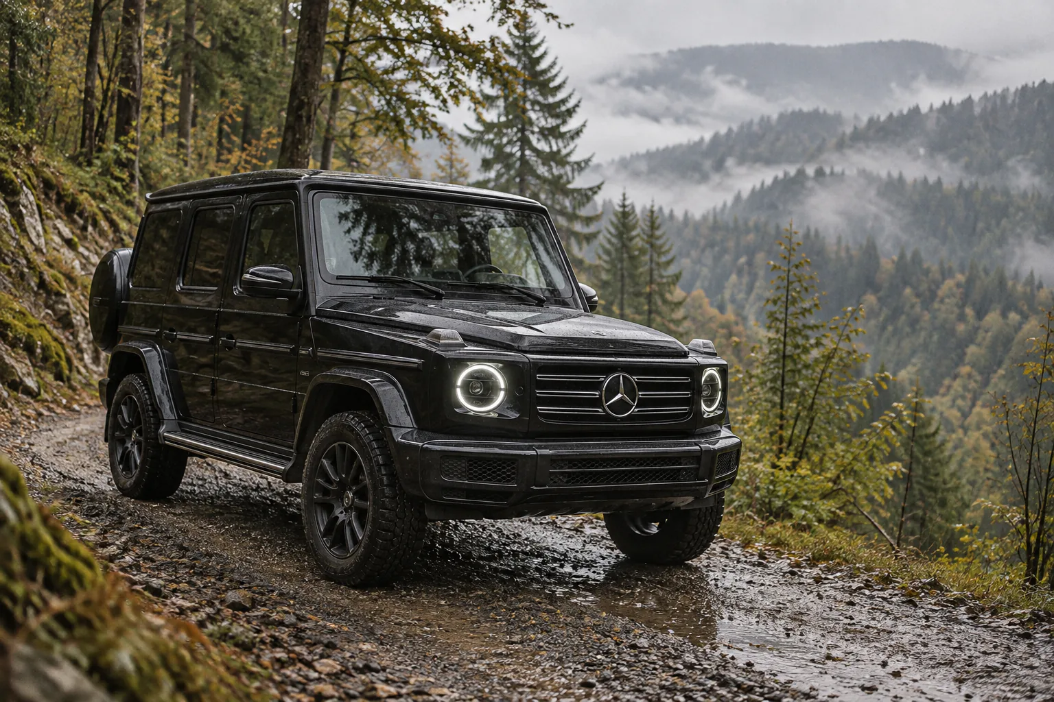 Schwarze Mercedes G-Klasse auf einem Schotterweg in einem nebligen Wald in der Steiermark