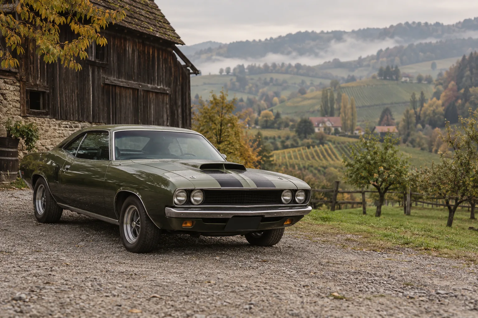 Muscle Car der frühen 1970er mit Hood Scoop und Streifen vor einer alten Holzscheune in den Weinhügeln der Weststeiermark