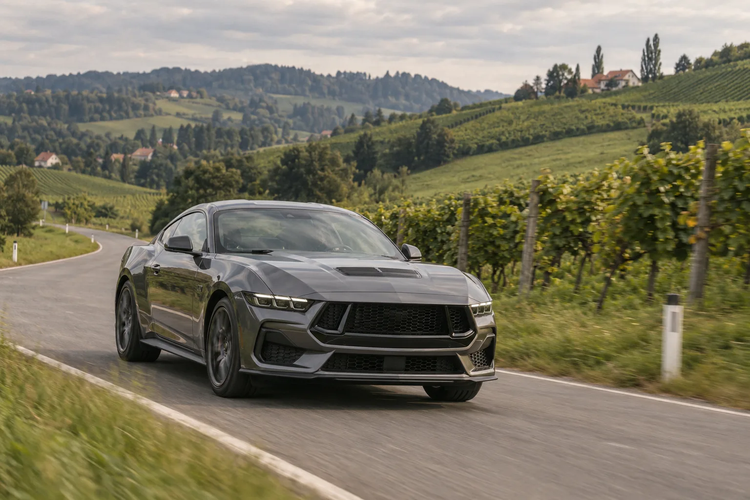 Grauer Ford Mustang GT auf einer Landstraße zwischen Weinbergen der Steiermark