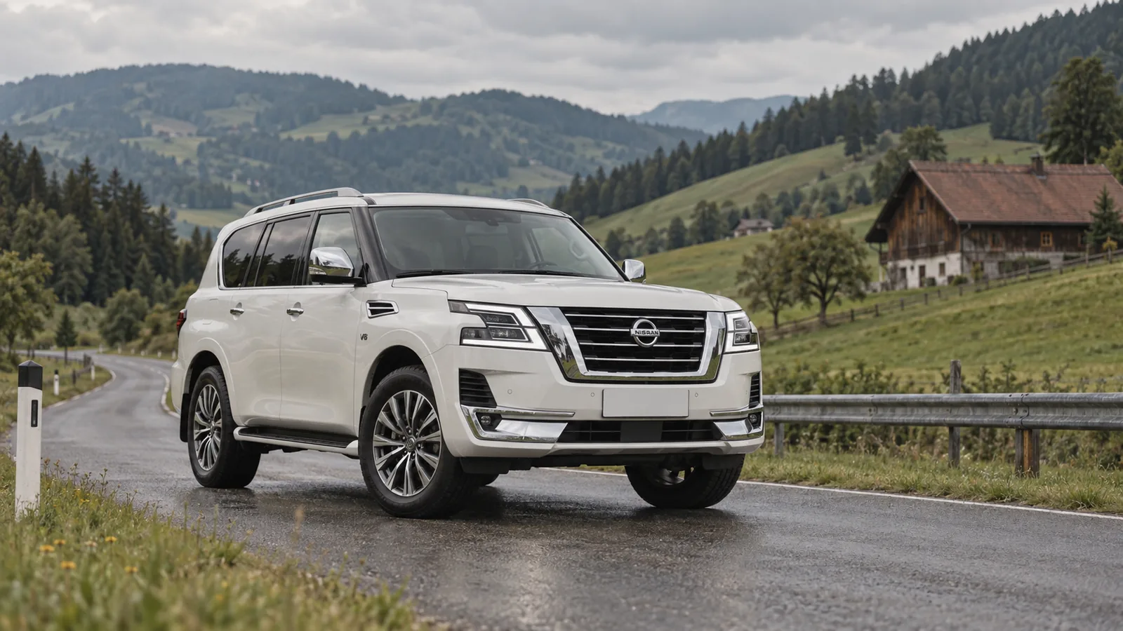 Weißer Nissan Armada der zweiten Generation auf einer Landstraße in der Steiermark