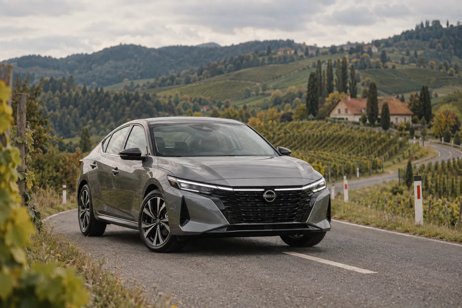 Silberner Nissan Sentra der aktuellen Generation auf einer Landstraße zwischen Weinbergen in der Steiermark
