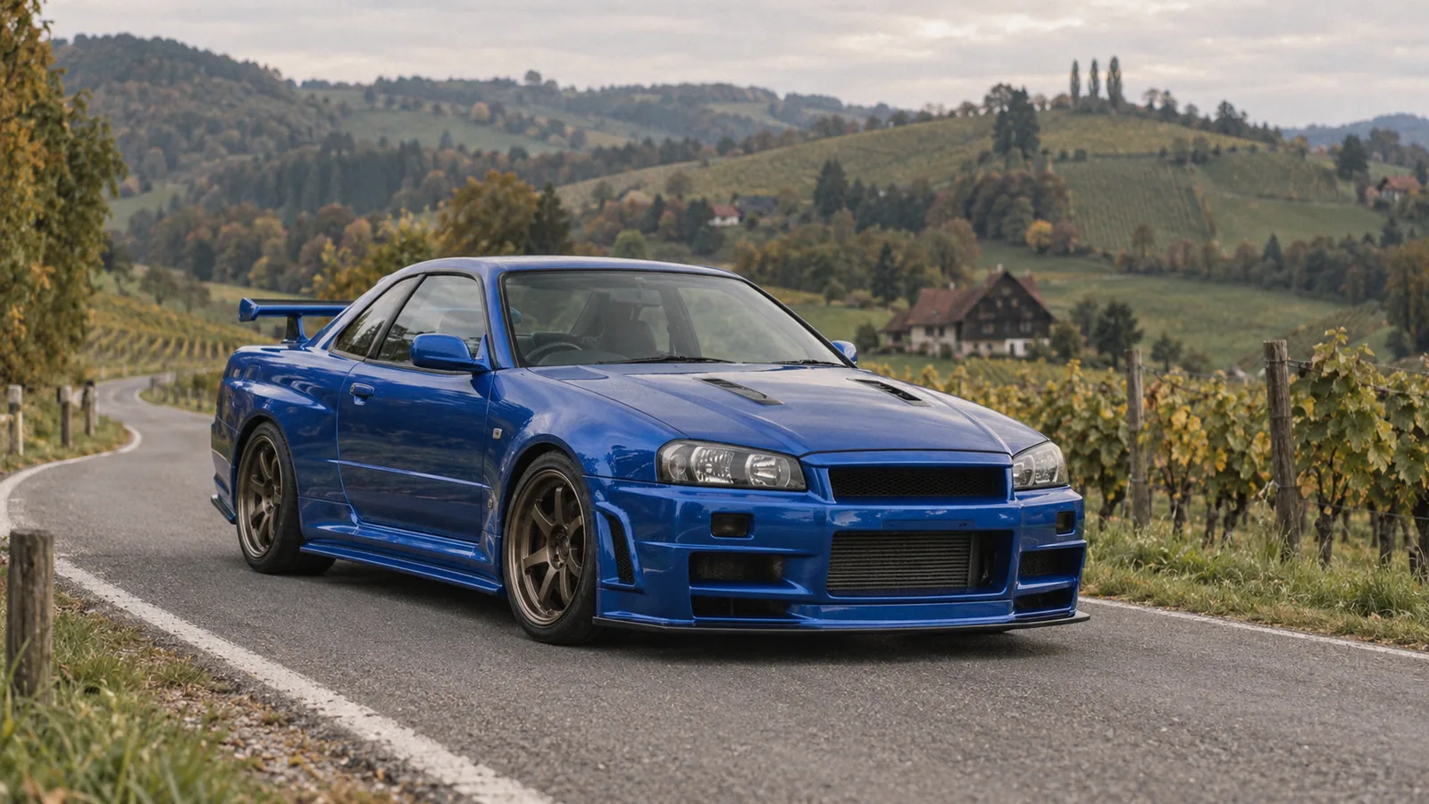 Nissan Skyline GT-R R34 in Bayside Blue auf einer Landstraße in der Steiermark