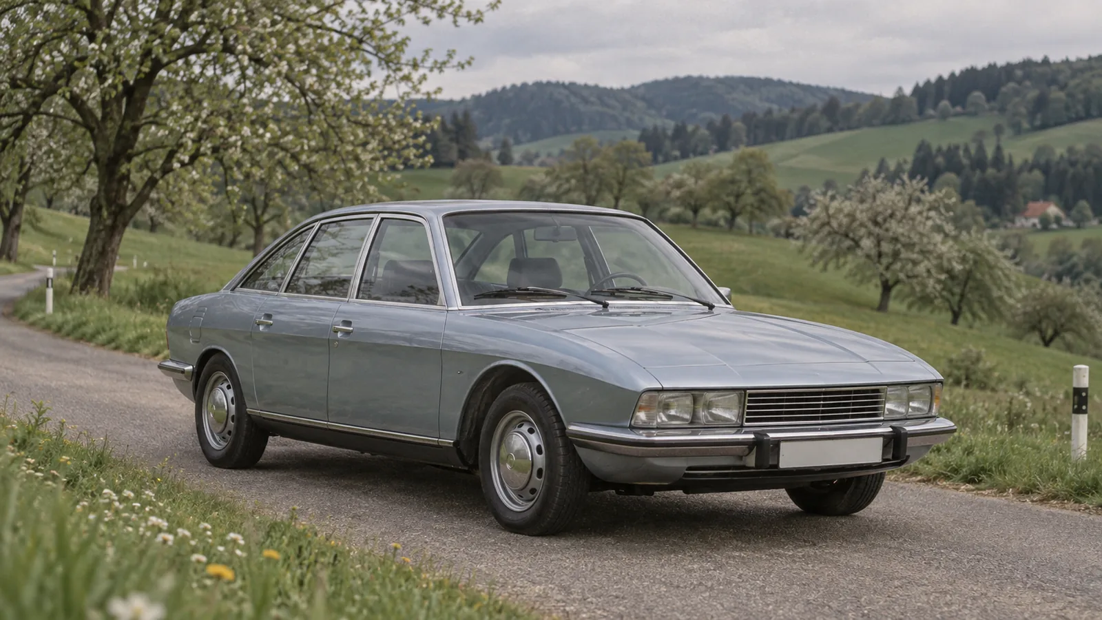 Silberblauer NSU Ro 80 mit Keilform und flacher Front auf einer Landstraße in der Steiermark