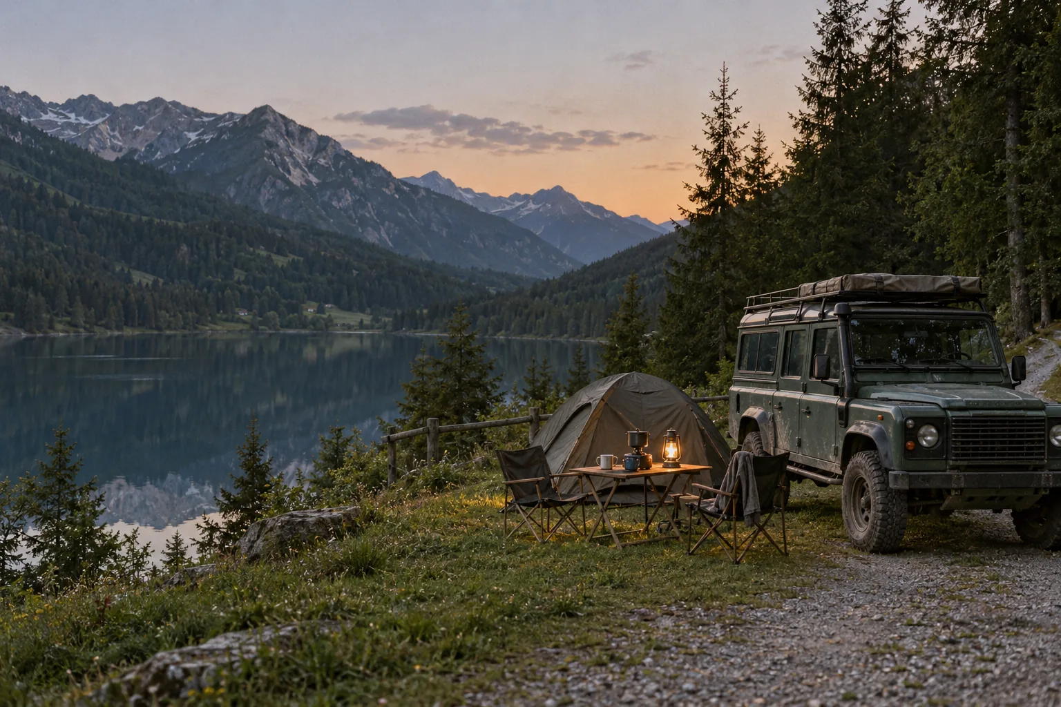 Geländewagen mit Zelt, Tisch und Stühlen auf einem Stellplatz an einem Alpensee in der Steiermark