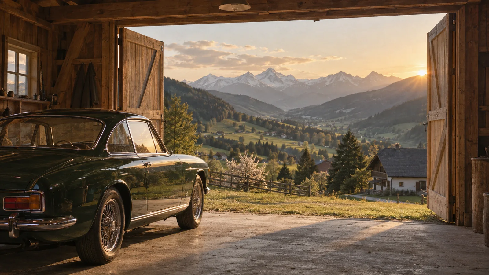 Dunkelgrünes Coupé der 1960er in einer Holzgarage mit offenem Tor und Alpenblick im Abendlicht