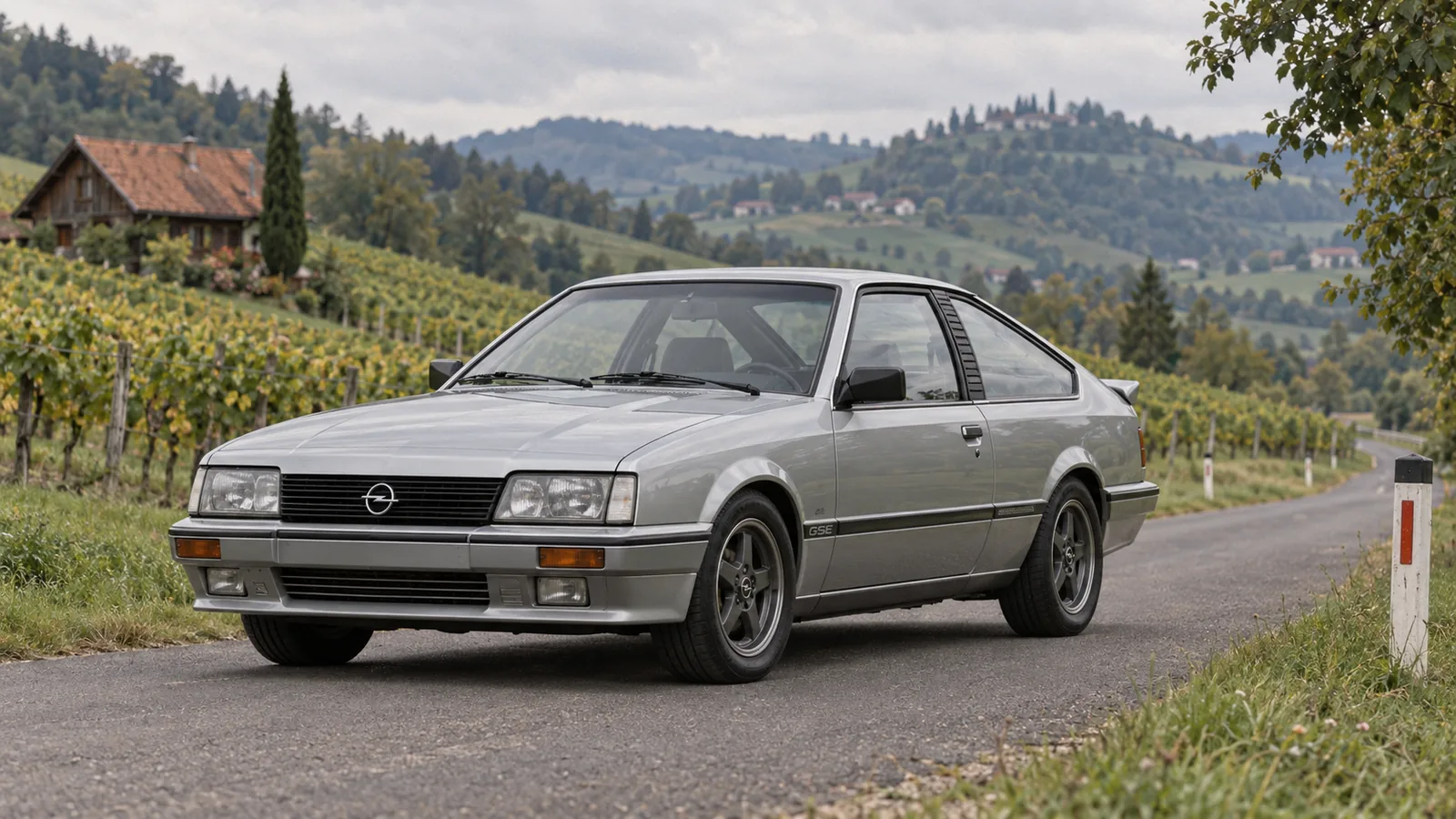 Silberner Opel Monza GSE der Serie A2 auf einer Landstraße zwischen Weinbergen in der Steiermark