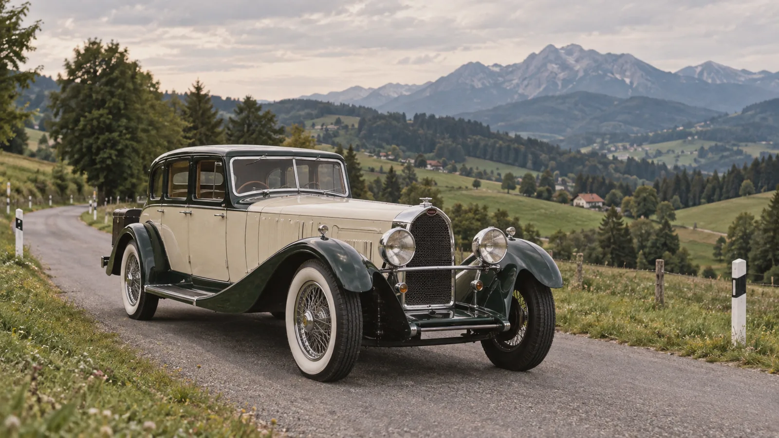 Panther De Ville im Bugatti-Royale-Stil in Dunkelgrün und Creme auf einer Landstraße in der Steiermark