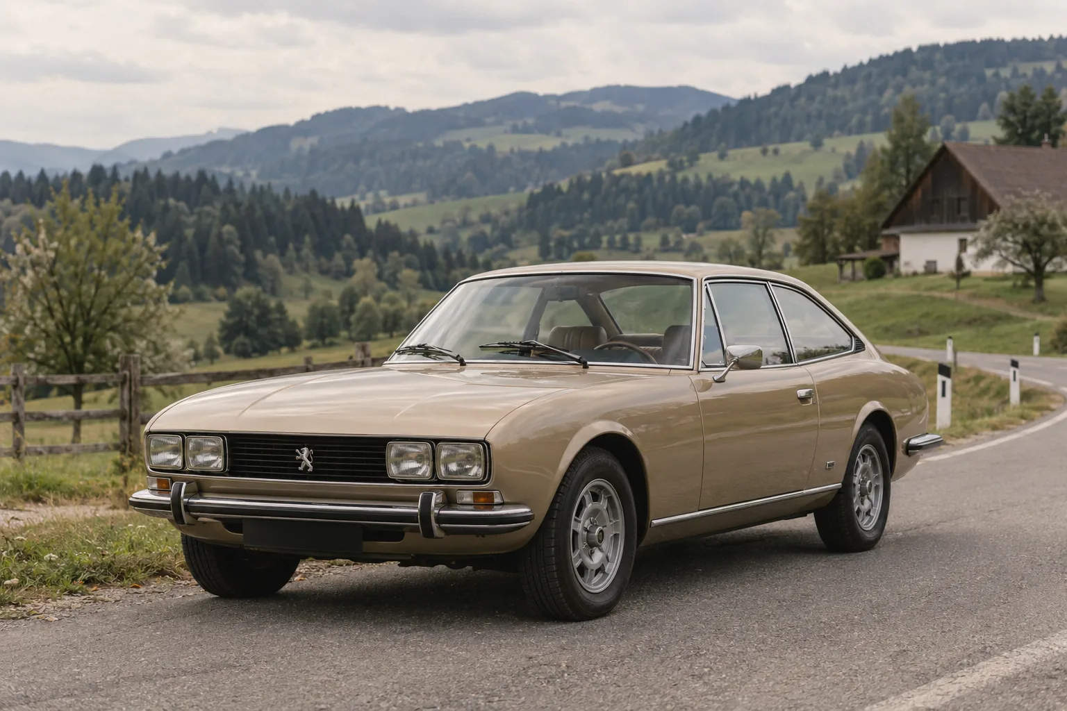 Peugeot 504 Coupé in Beige auf einer Landstraße in der Steiermark