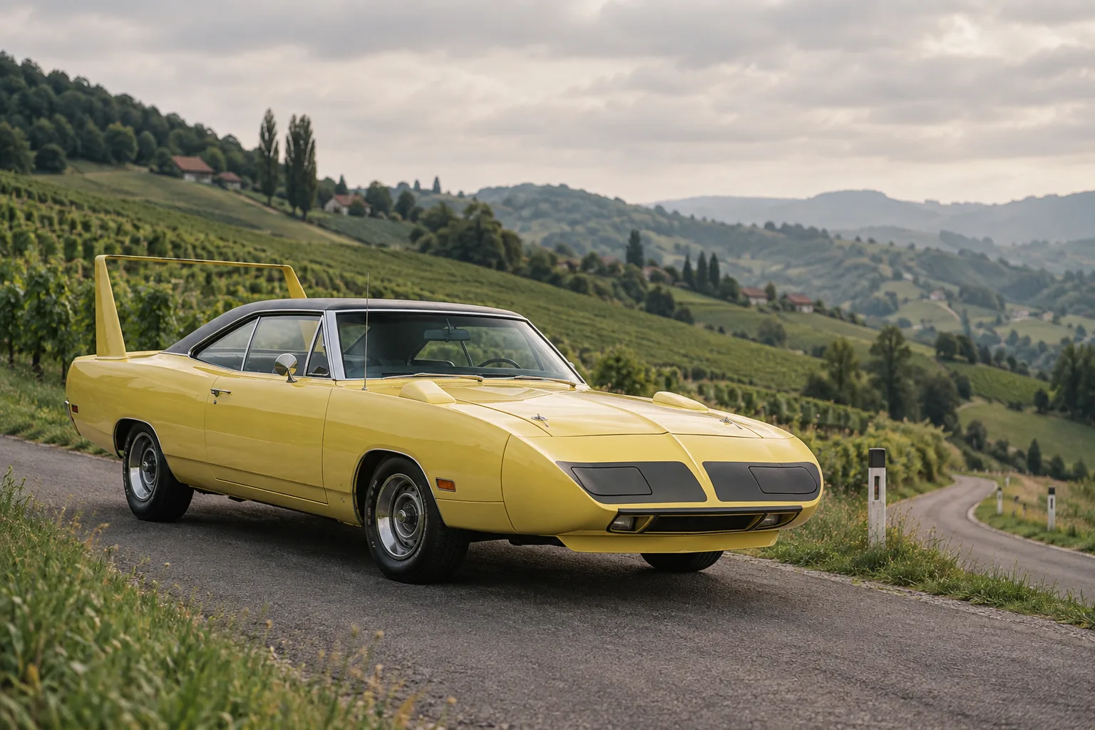 Gelber Plymouth Road Runner Superbird von 1970 mit Nasenkonus und Heckflügel auf einer Landstraße zwischen Weinbergen in der Weststeiermark