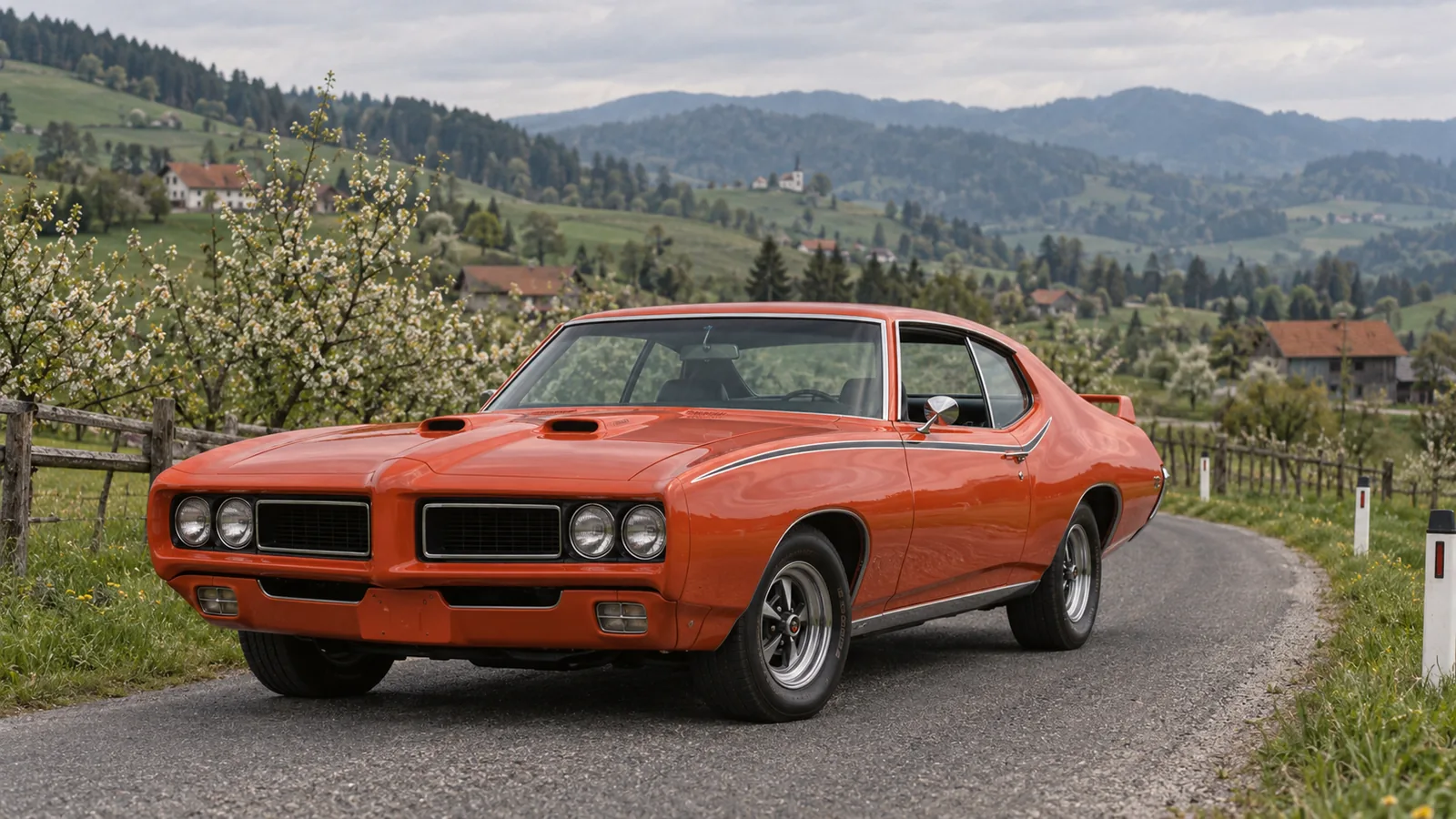 Pontiac GTO Judge von 1969 in Carousel Red auf einer Landstraße in der Steiermark