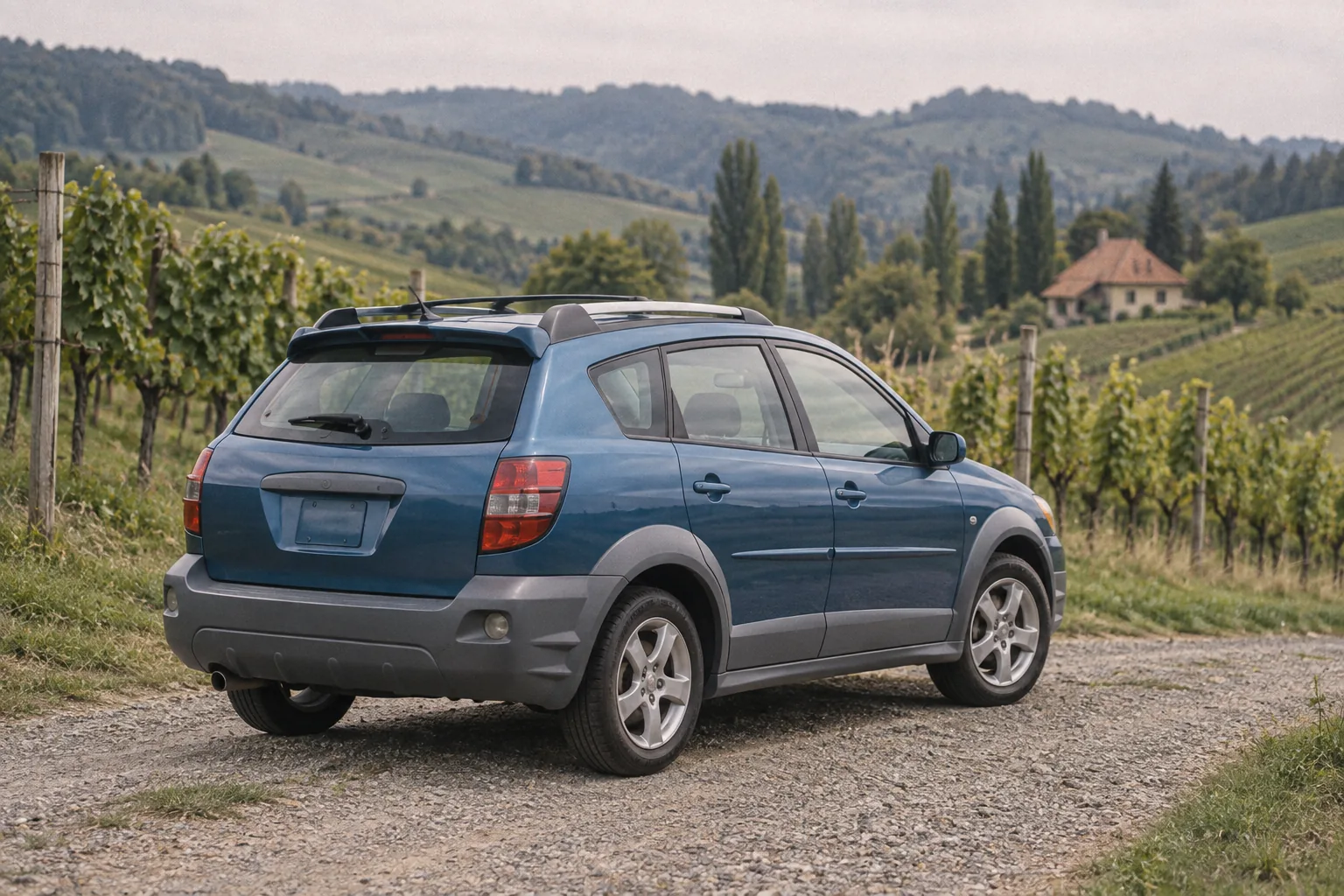Blauer Pontiac Vibe von hinten auf einem Schotterweg zwischen Weinbergen in der Südsteiermark