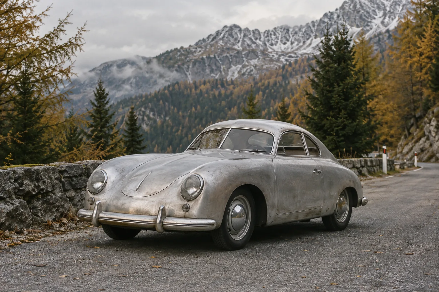 Silbernes Porsche 356 Coupé um 1950 mit blanker Aluminiumkarosserie auf einer Passstraße in den Alpen