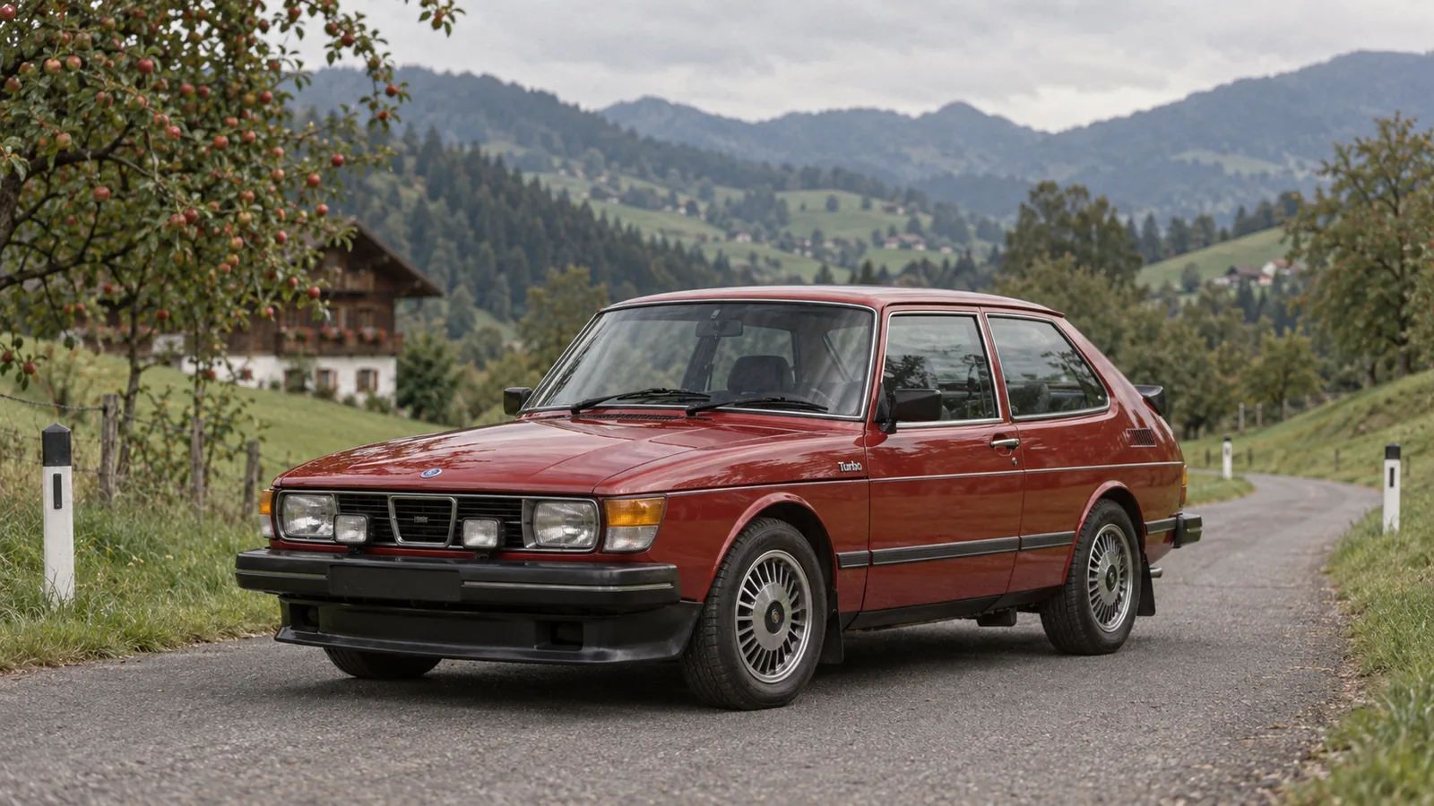 Saab 99 Turbo in Cardinalrot auf einer Landstraße in den steirischen Hügeln, mit Frontspoiler, Zusatzscheinwerfern und Alufelgen