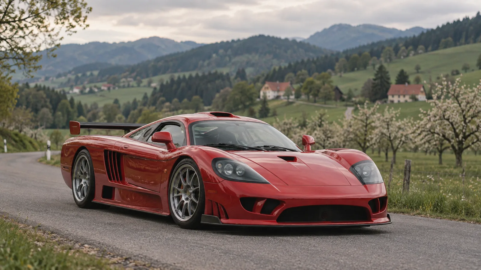 Roter Saleen S7 Twin Turbo auf einer Landstraße in der Steiermark