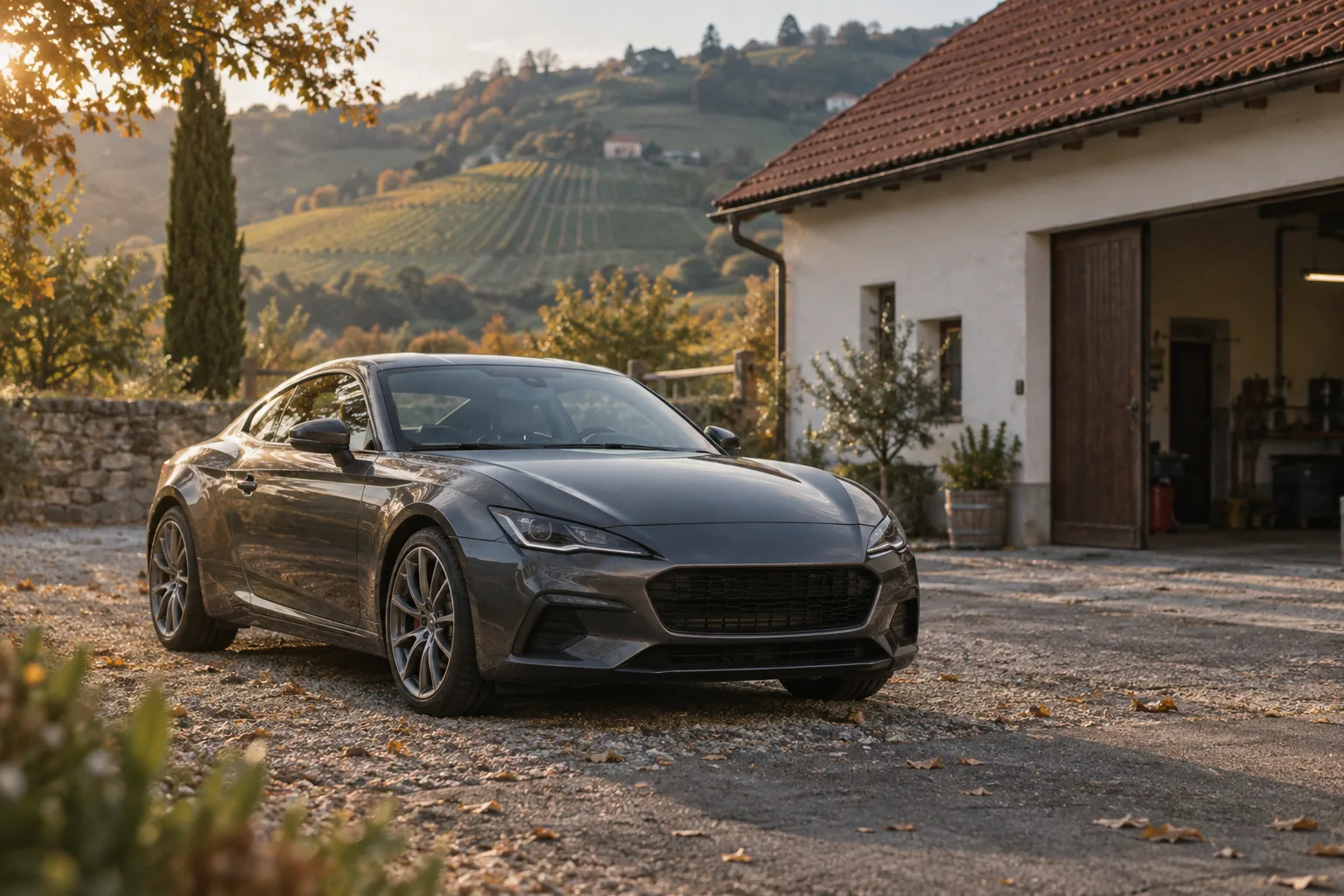 Anthrazitgrauer Sportwagen auf dem Kiesplatz eines kleinen Autohauses in der Steiermark im Nachmittagslicht