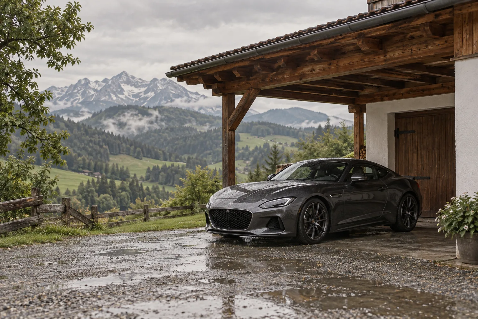 Sportliches Coupé in einem Holz-Carport mit Blick auf Hügel und Alpen