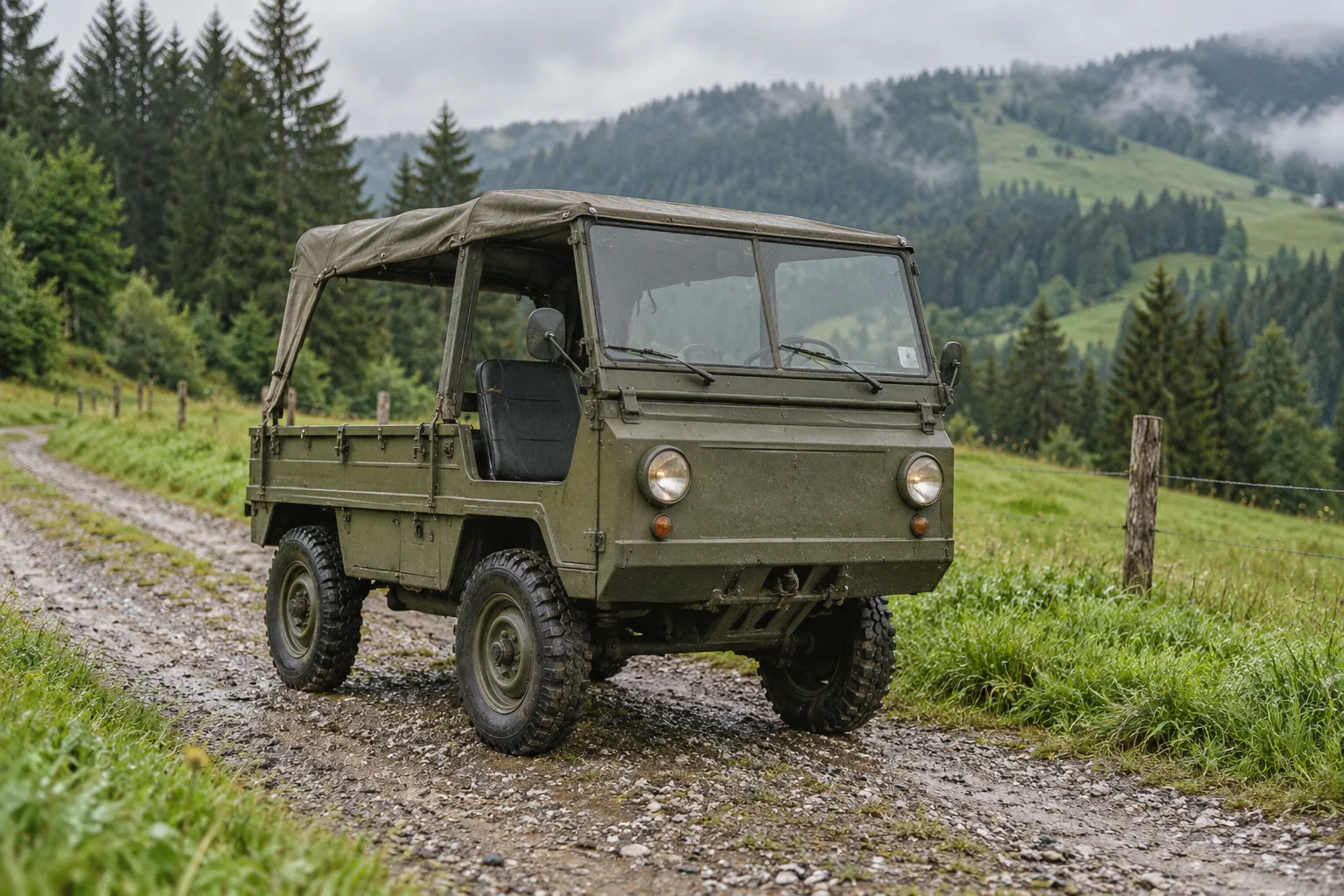 Steyr-Puch Haflinger in Olivgrün mit Planenverdeck auf einem Schotterweg vor steirischen Almwiesen und Fichtenwald