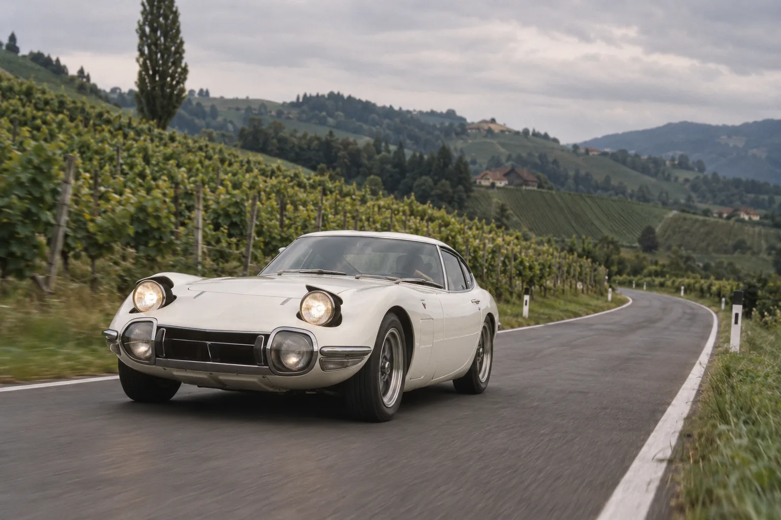 Weißer Toyota 2000GT mit ausgeklappten Scheinwerfern auf einer Landstraße zwischen Weinbergen in der Steiermark
