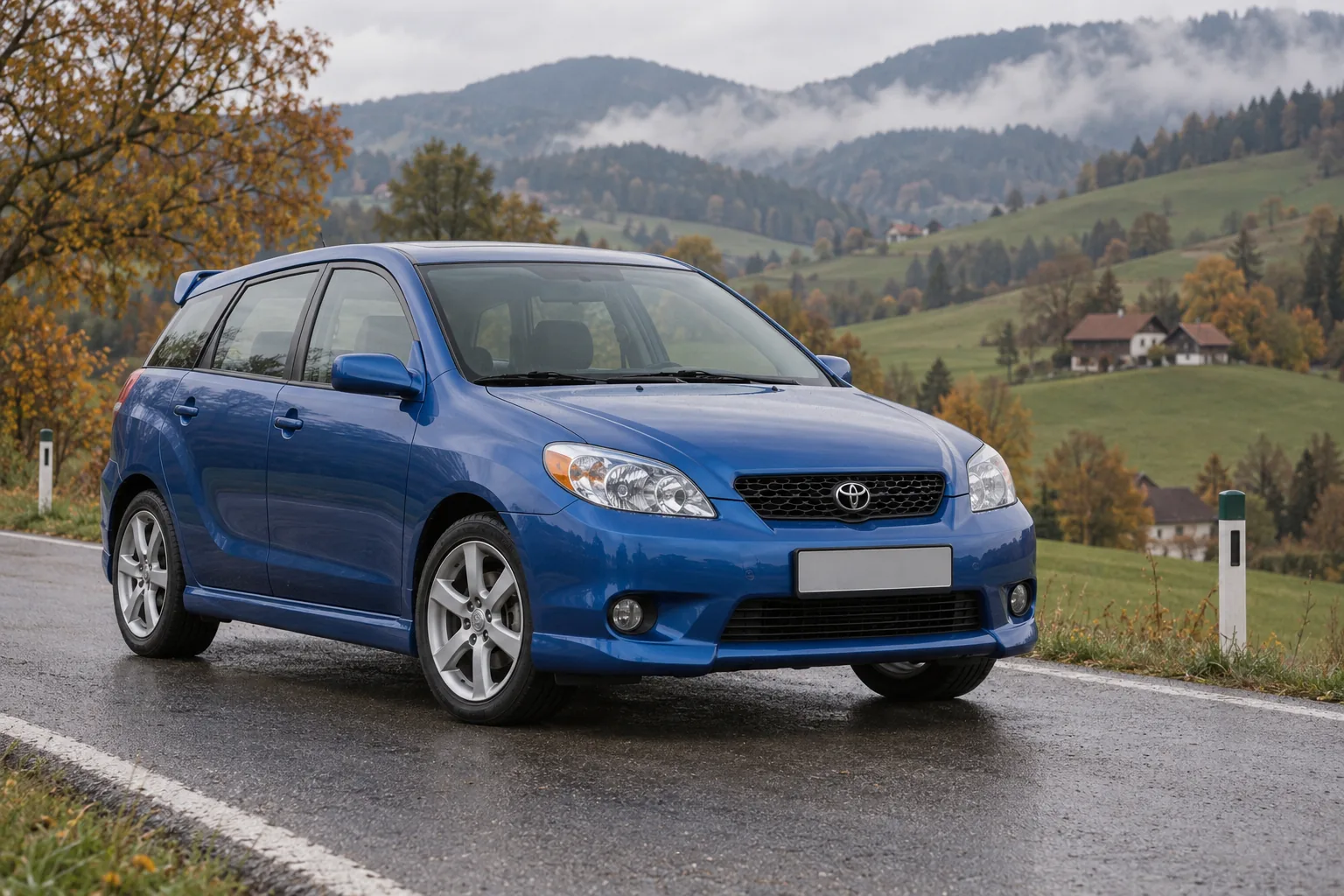 Blauer Toyota Matrix der ersten Generation mit Heckspoiler auf einer Landstraße in der Steiermark