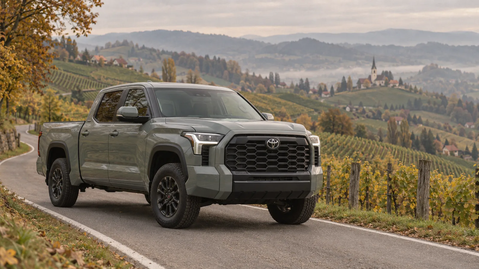 Toyota Tundra CrewMax in Graugrün auf einer Landstraße zwischen Weinbergen in der Steiermark im Herbst