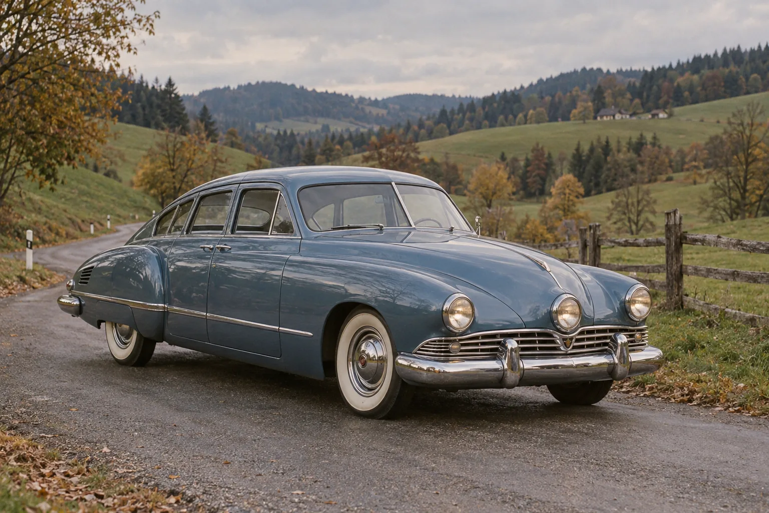 Stromlinienförmige Tucker-48-Limousine in Blau mit drei Scheinwerfern auf einer Landstraße in der Steiermark