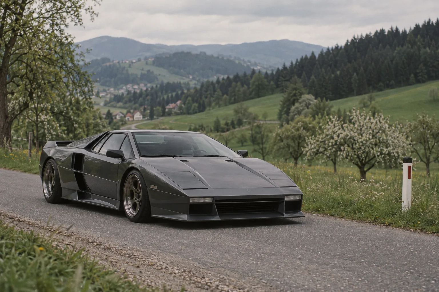 Graphitgrauer Vector W8 mit keilförmiger Karosserie auf einer Landstraße in der Steiermark